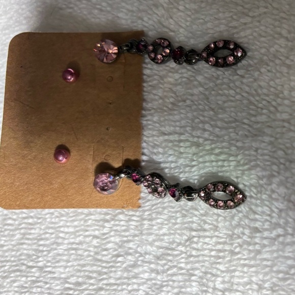 2 Pair Bundle: Dainty Pink Studs & Dangle Rhinestone Earrings Set - Picture 3 of 7